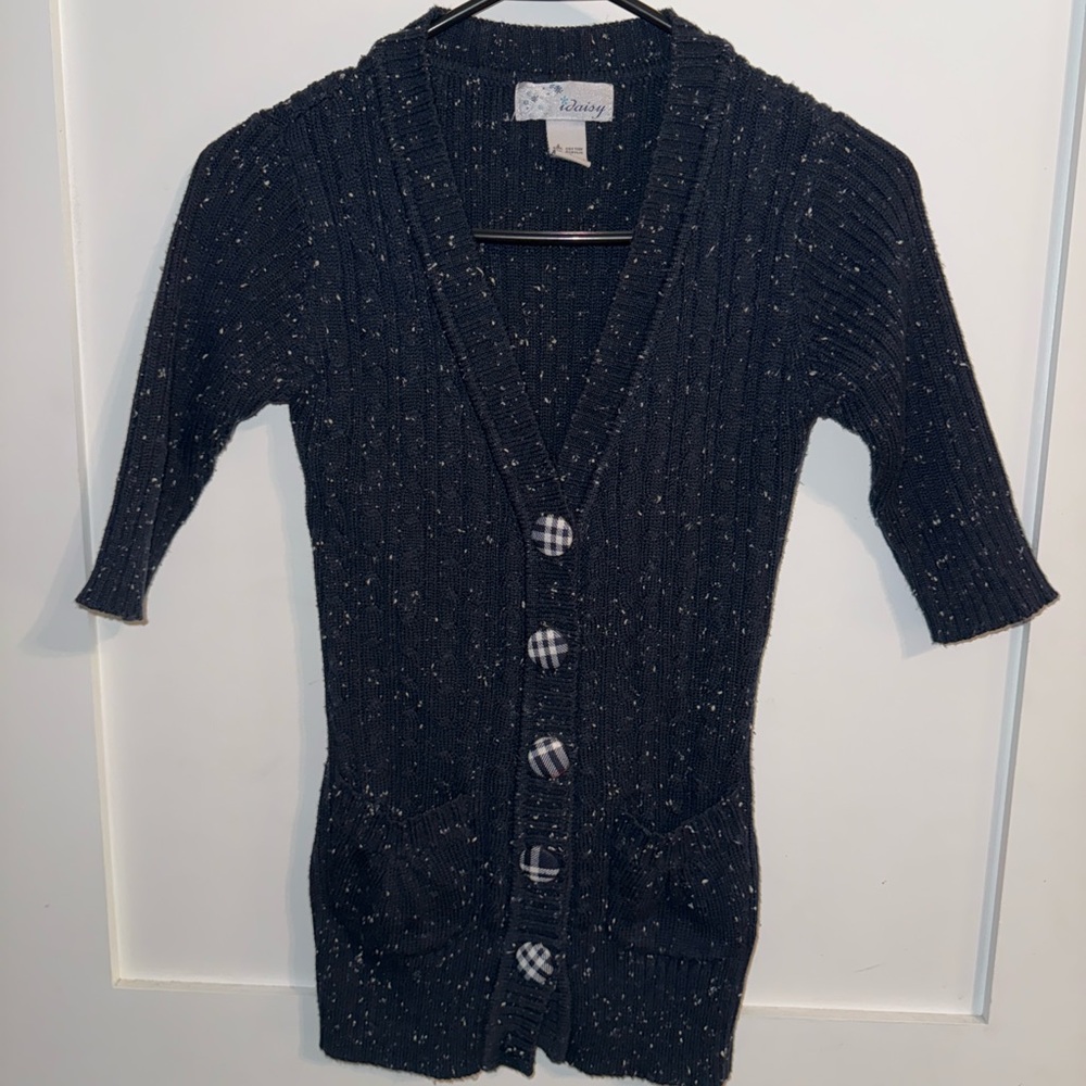 Daisy Blue Knit Cardigan with Checkered Buttons